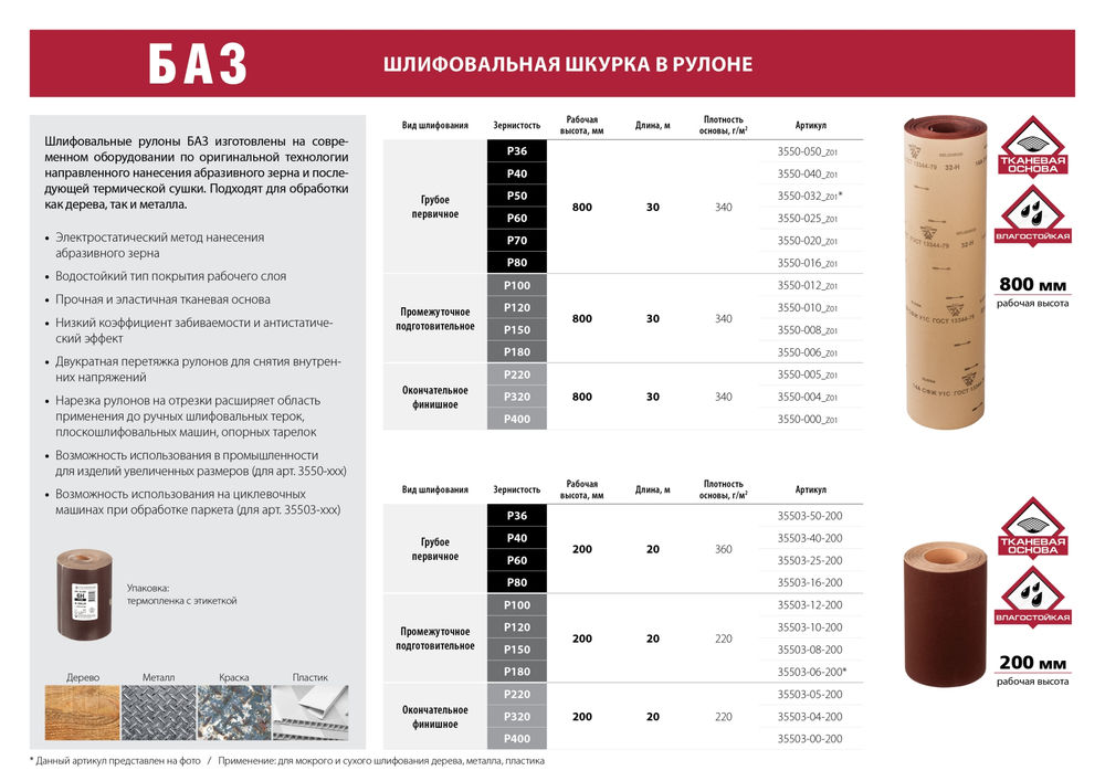 Бобина шлифовальная водостойкая тканевой основе БАЗ KK18XW 16-H (Р80) 200 мм 20 м 35503-16-200  