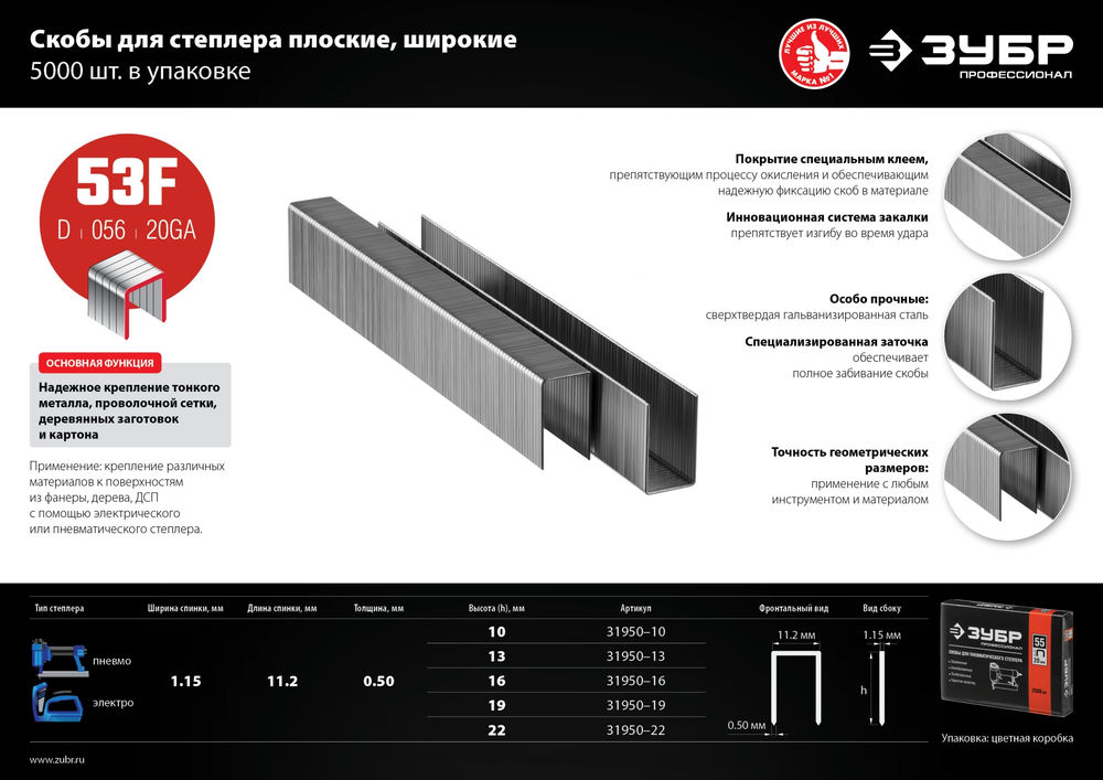 Скобы 13 мм, тип 53F (D/056), калибр 23GA, 5000 шт Профессионал ЗУБР 31950-13