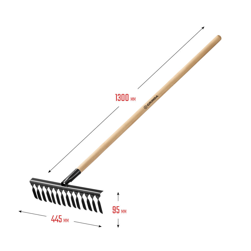Садовые грабли GS-14 WOOD, 445 х 95 х 1300 мм, 14 витых зубцов, углеродистая сталь, антикор. покрытие, черенок дерев. высш. сорт GRINDA 39581-14