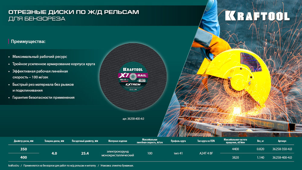 Отрезной диск для бензореза X7-EXTREM RAIL, 350x4.0 / 25.4 мм, по Ж/Д рельсам KRAFTOOL 36258-350-4.0