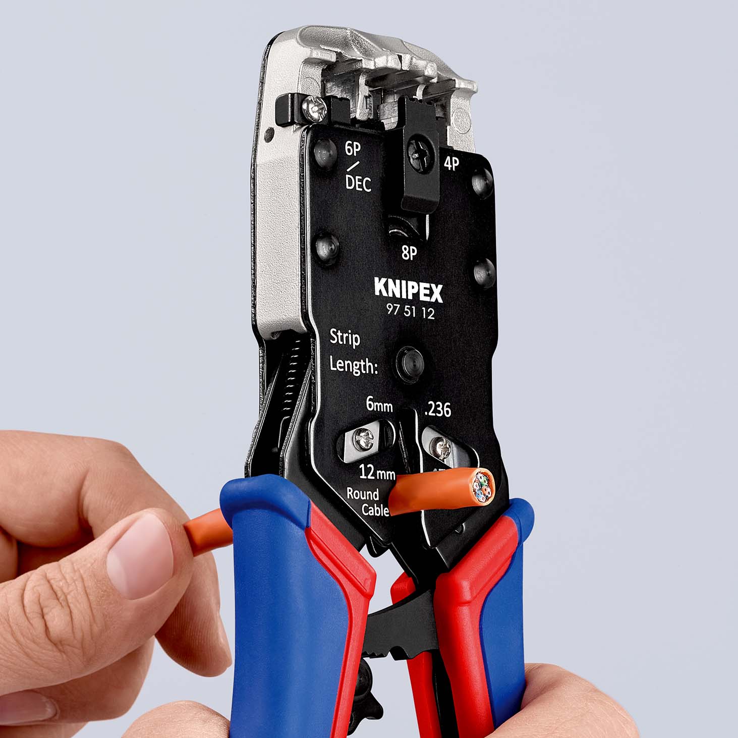 Пресс-клещи для штекеров RJ, 3 гнезда, RJ 10 (4-pin), RJ 11/12 (6-pin), RJ 45 (8-pin), 200 мм, SB (KN-975112SB)