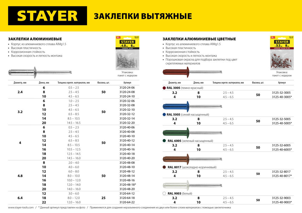 Заклепки алюминиевые Color-FIX, 3.2 х 8 мм, шоколадно-коричневый, 50 шт STAYER Professional 3125-32-8017
