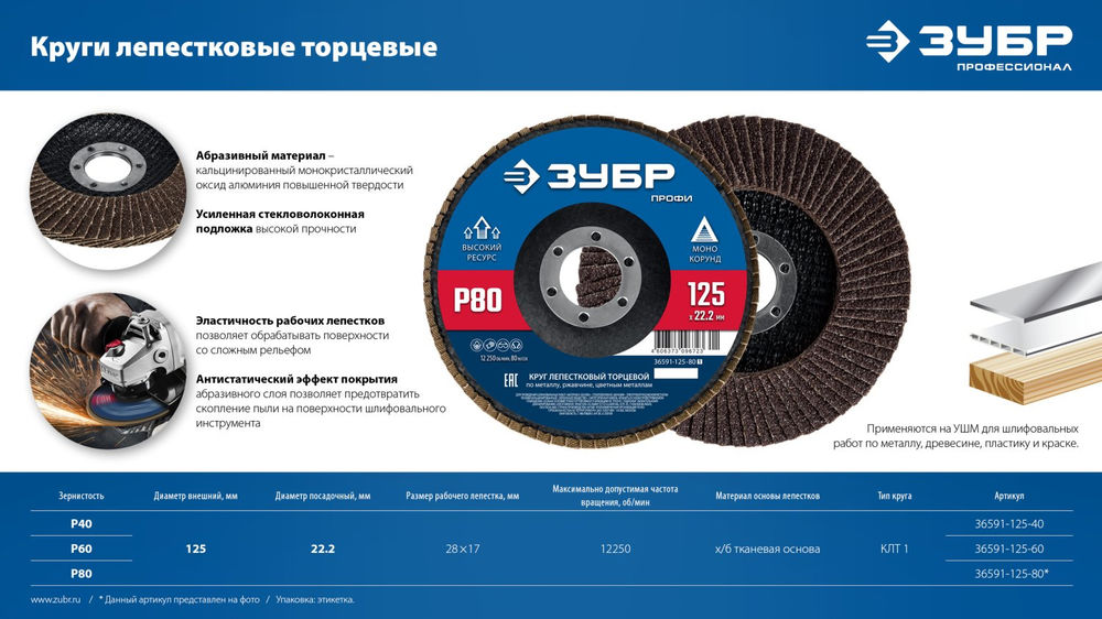 Круг лепестковый торцевой 125?22.2 мм P60 КЛТ ЗУБР 36591-125-60_z01