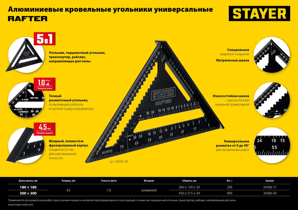Угольник кровельный 305 мм, 5-в-1, универсальный STAYER Professional 34306-30