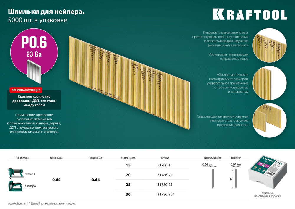 Шпильки тип P0.6, 20 мм, калибр 23GA, 10 000 шт KRAFTOOL 31786-20