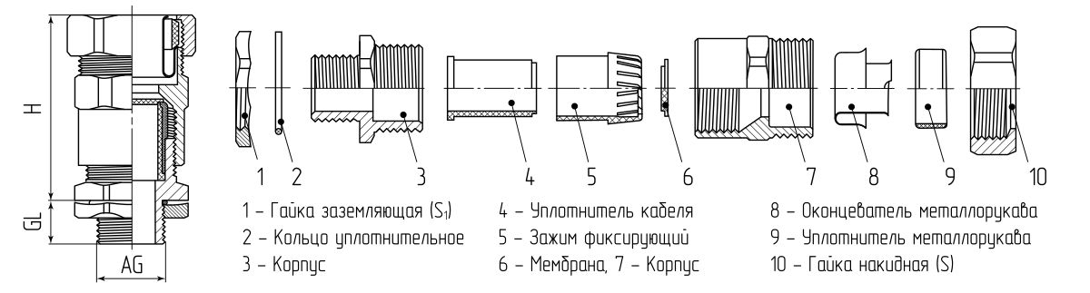 Ввод кабельный для металлорукава латунный ВК-М12(4-8 мм)-МР10 (Fortisflex) (87943)