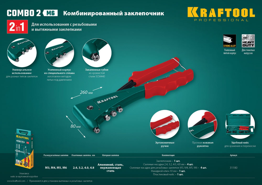 Комбинированный литой заклепочник Combo2-M6, 2 вида заклёпок, в кейсе KRAFTOOL 31180