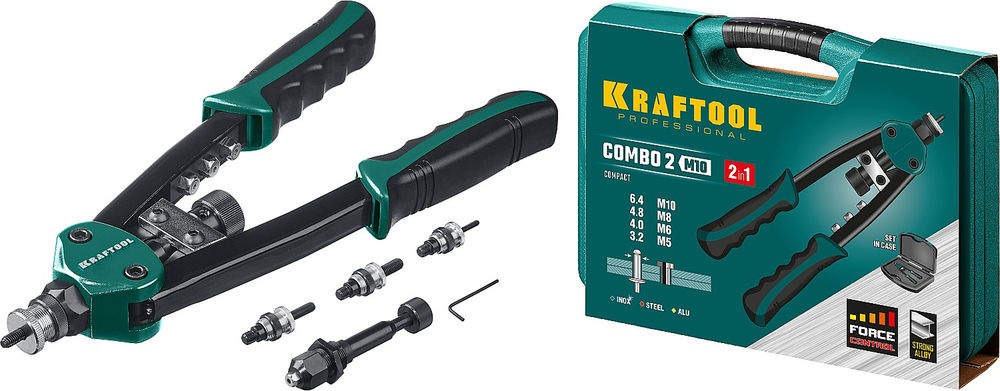 Комбинированный двуручный заклепочник Combo2-M10, 2 вида заклёпок, в кейсе KRAFTOOL 31181