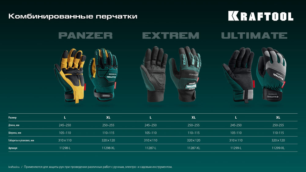 Профессиональные комбинированные перчатки PANZER р.XL (10), виброзащита, увеличенные противоударные накладки KRAFTOOL 11298-XL