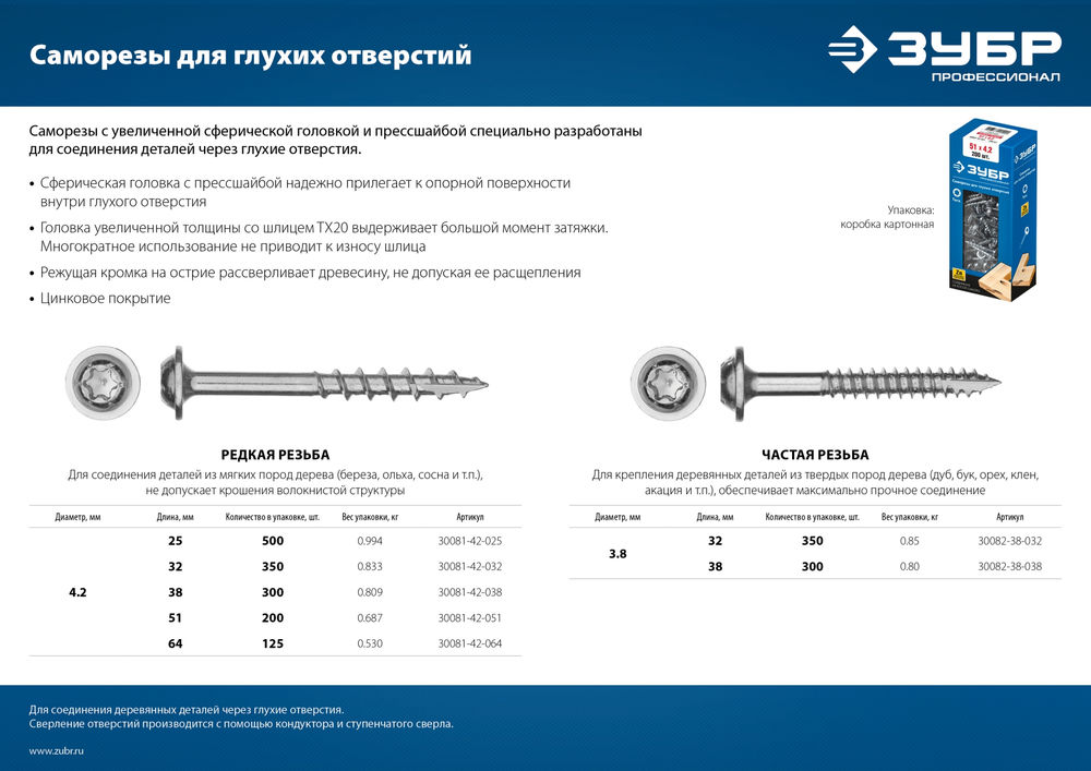 Саморез для глухих отверстий 25?4.2 мм редкая резьба ТХ20 цинк 500 шт ЗУБР Профессионал 30081-42-025