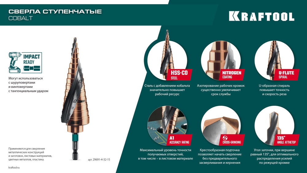 Сверло ступенчатое COBALT, 4–12 мм, 9 ступеней, азотирование, винтовая спираль KRAFTOOL 29691-4-12-9