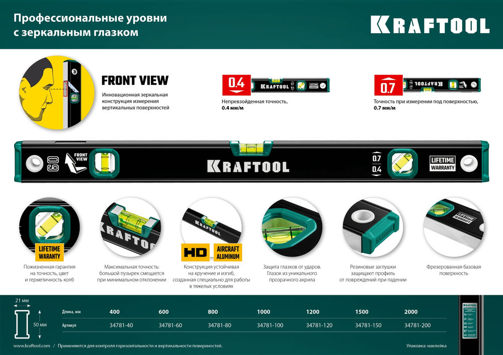 Уровень 800 мм, с зеркальным глазком KRAFTOOL 34781-80