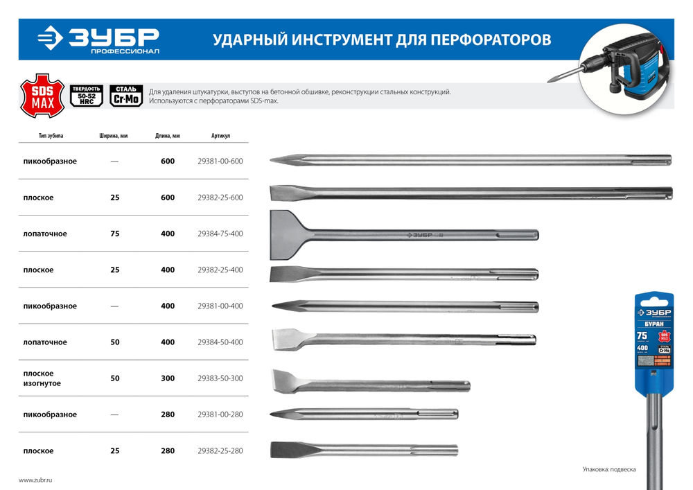 Зубило пикообразное 280 мм SDS-max ЗУБР БУРАН Профессионал 29381-00-280_z01