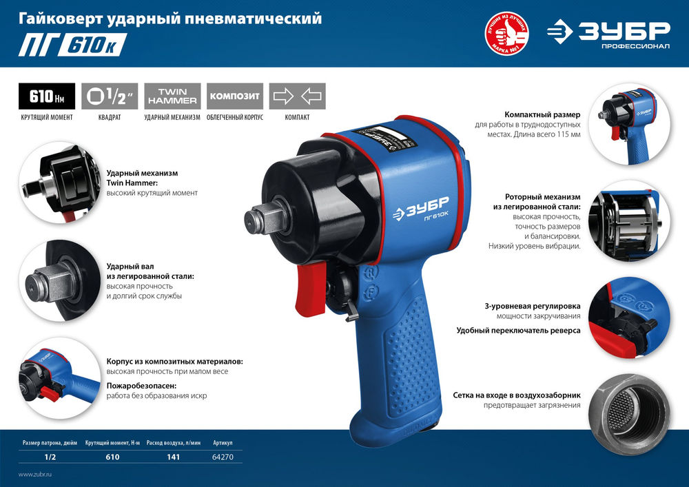 Гайковерт пневматический ударный 1/2 610 Н·м ЗУБР ПГ-610К Профессионал 64270
