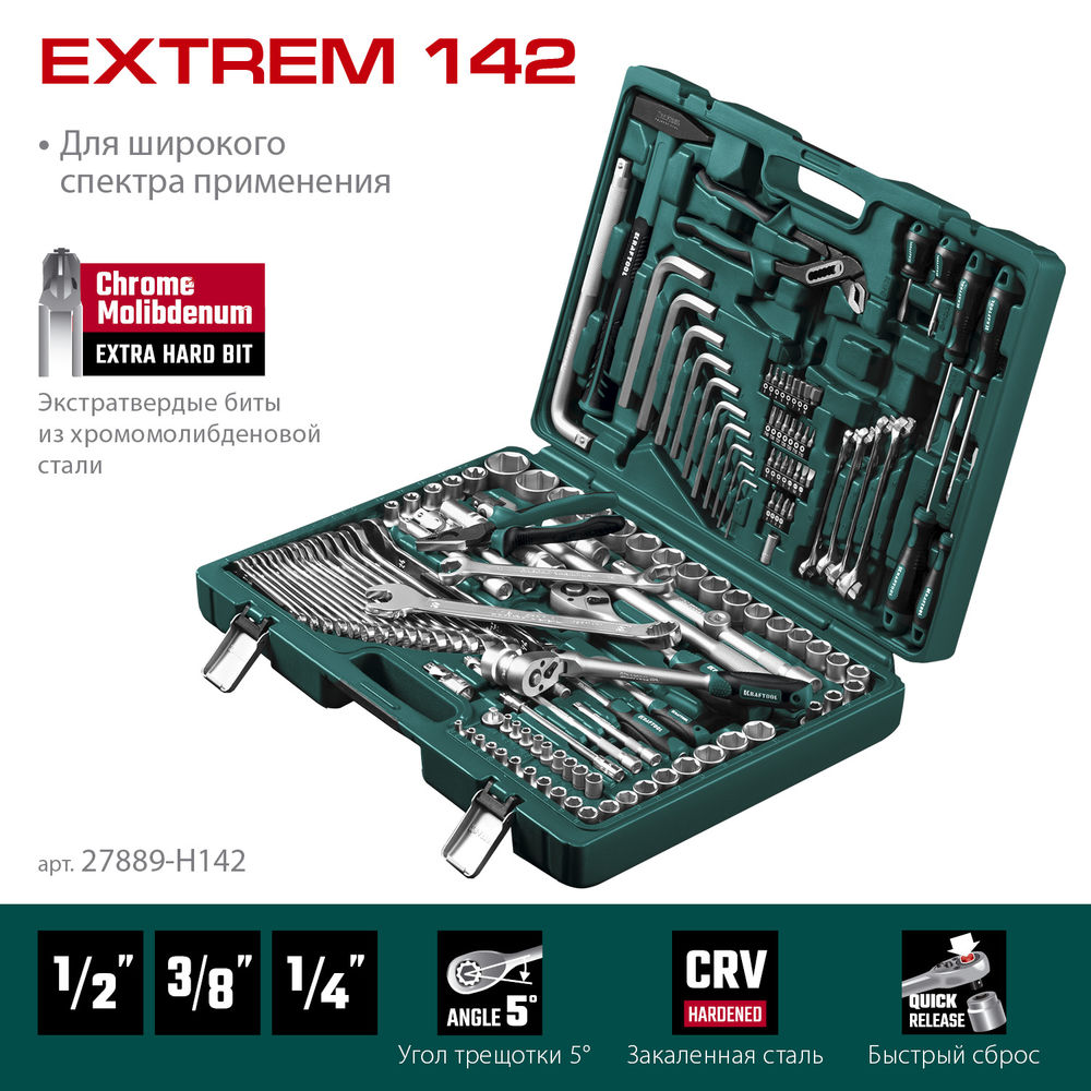 Набор инструмента универсальный 142 предм., (1/2+3/8+1/4) EXTREM-142 KRAFTOOL 27889-H142