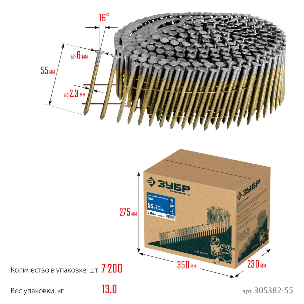 Гвозди барабанные CNW 55 x 2.3 мм, рифленые, 7200 шт ЗУБР 305382-55