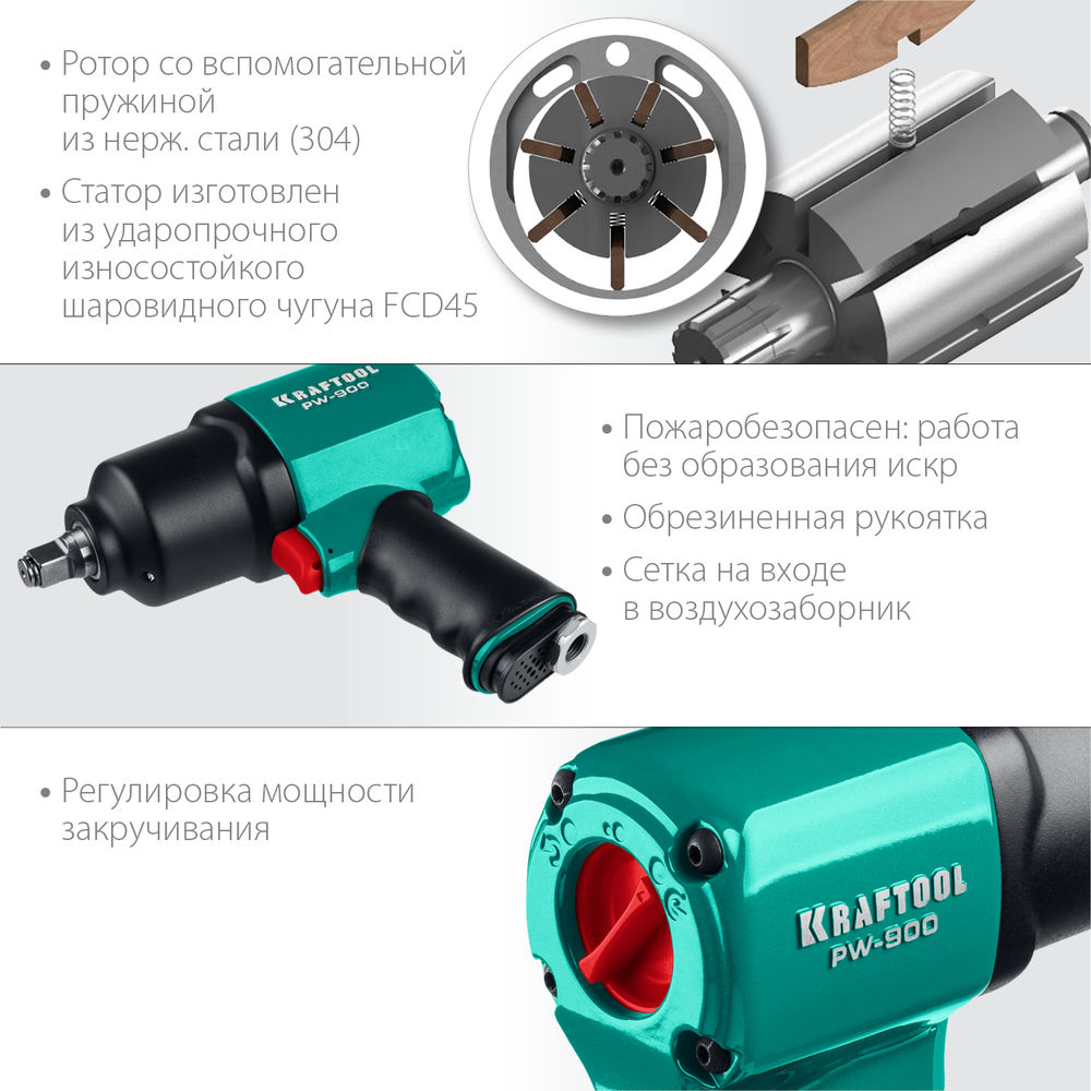 Ударный пневматический гайковерт PW-900, 1/2, 880 Н·м KRAFTOOL 64210