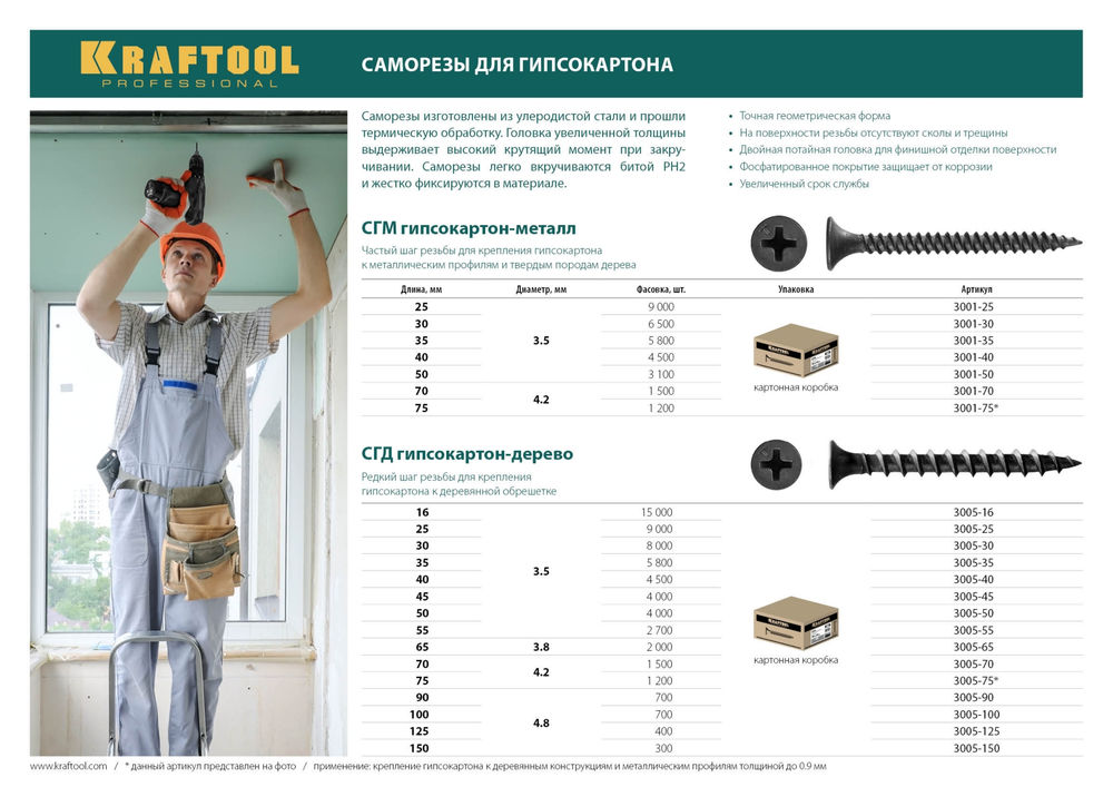 Саморез гипсокартон-металл СГМ, 50 х 3.5 мм, фосфатированное покрытие, 3100 шт KRAFTOOL 3001-50
