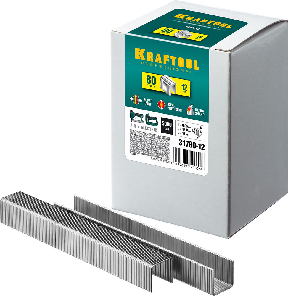 Скобы тип 80 (BeA/Prebena A/Senco AT), 12 мм, калибр 21GA, 5000 шт KRAFTOOL 31780-12