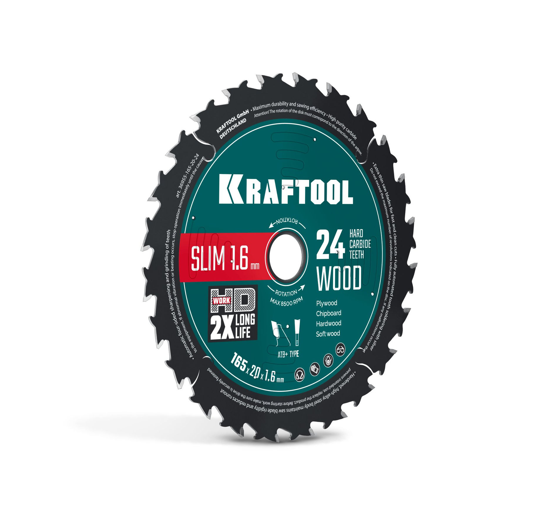 Диск пильный по дереву Slim wood cut, 165 х 20 x 1.6 мм, 24Т KRAFTOOL 36955-165-20-24