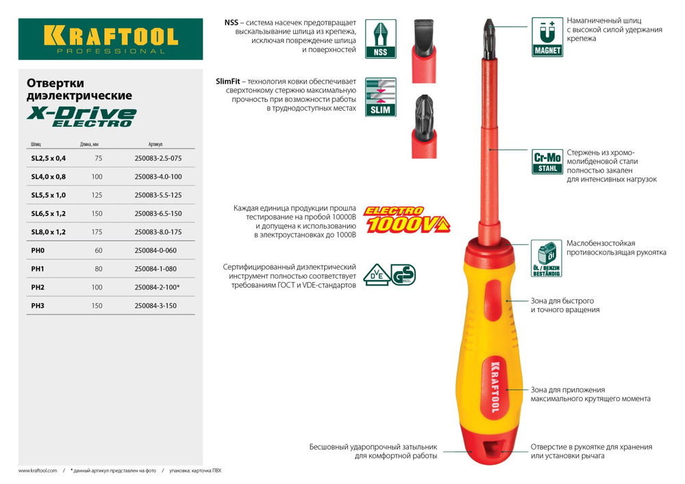 Отвертка высоковольтная PH0 х 60 мм KRAFTOOL 250084-0-060