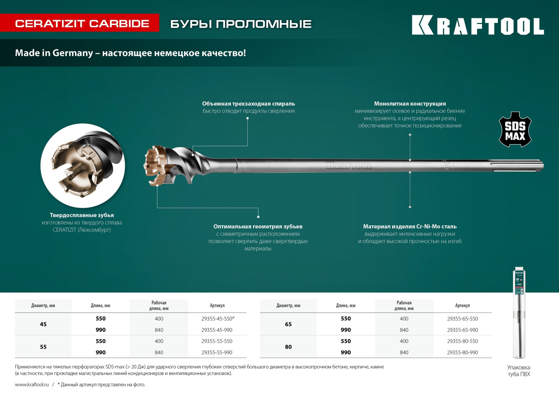 KRAFTOOL d 55 х 450/550 мм, SDS-max проломной бур (29355-55-550)
