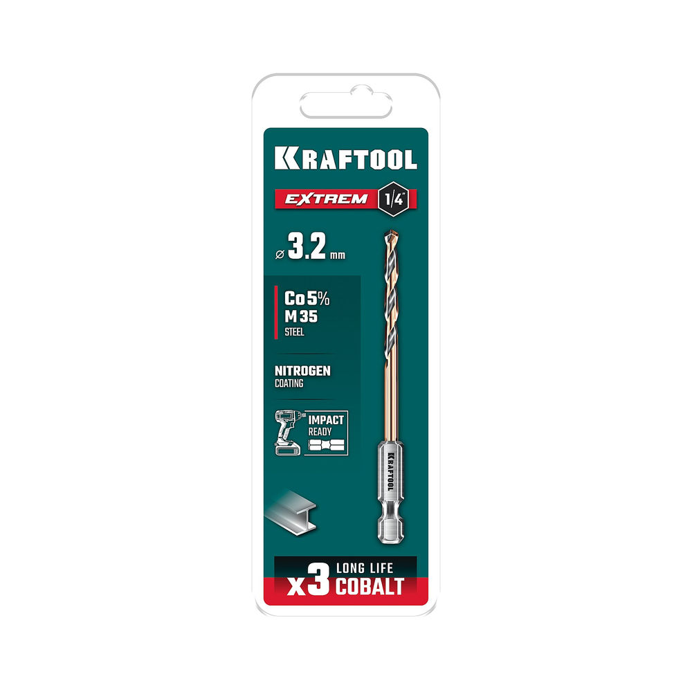 Сверло по металлу для винтовёртов и шуруповертов IMPACT READY НЕХ-1/4, d 3.2 х 75 мм KRAFTOOL 29652-3.2