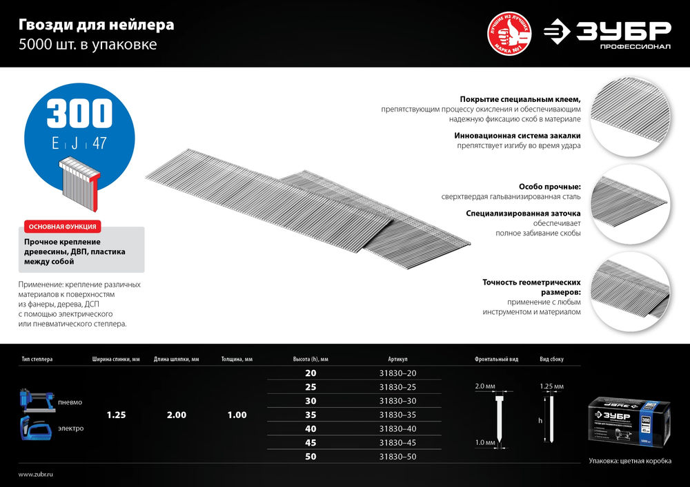 Гвозди строительные тип 300 (47/J/F) 25 мм, калибр 18GA, 5000 шт ЗУБР Профессионал 31830-25