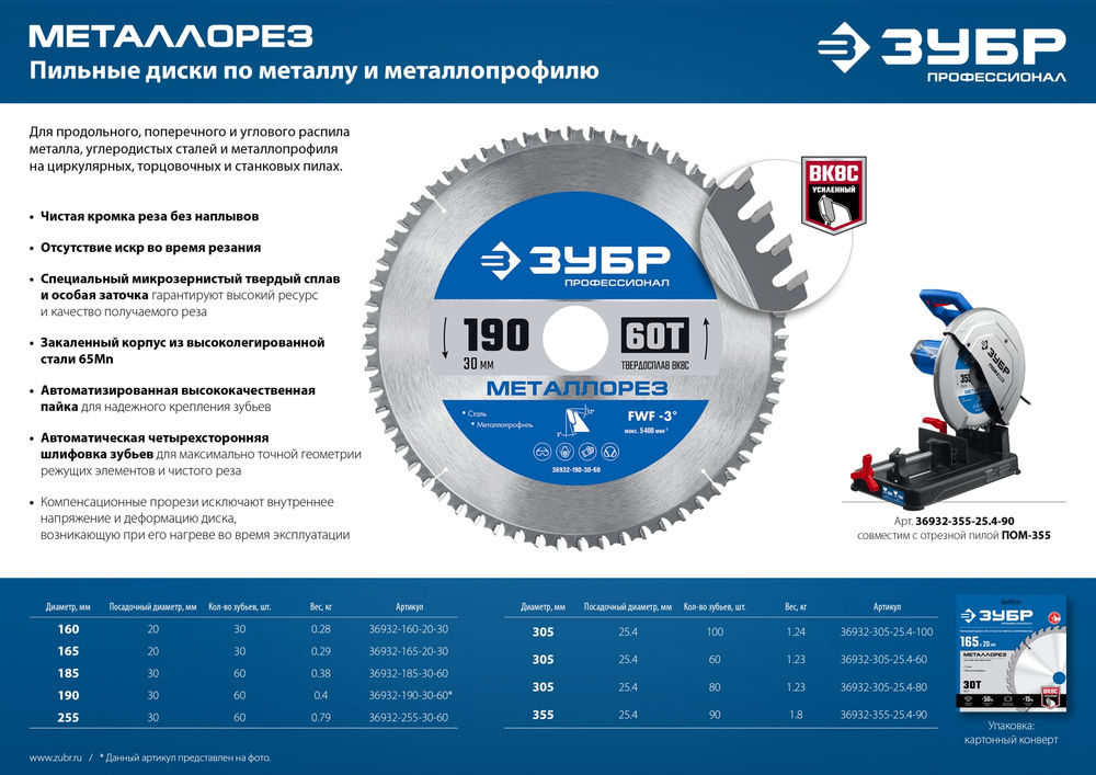 Пильный диск по металлу и металлопрофилю Металлорез, 255 х 30 мм, 60Т ЗУБР Профессионал 36932-255-30-60