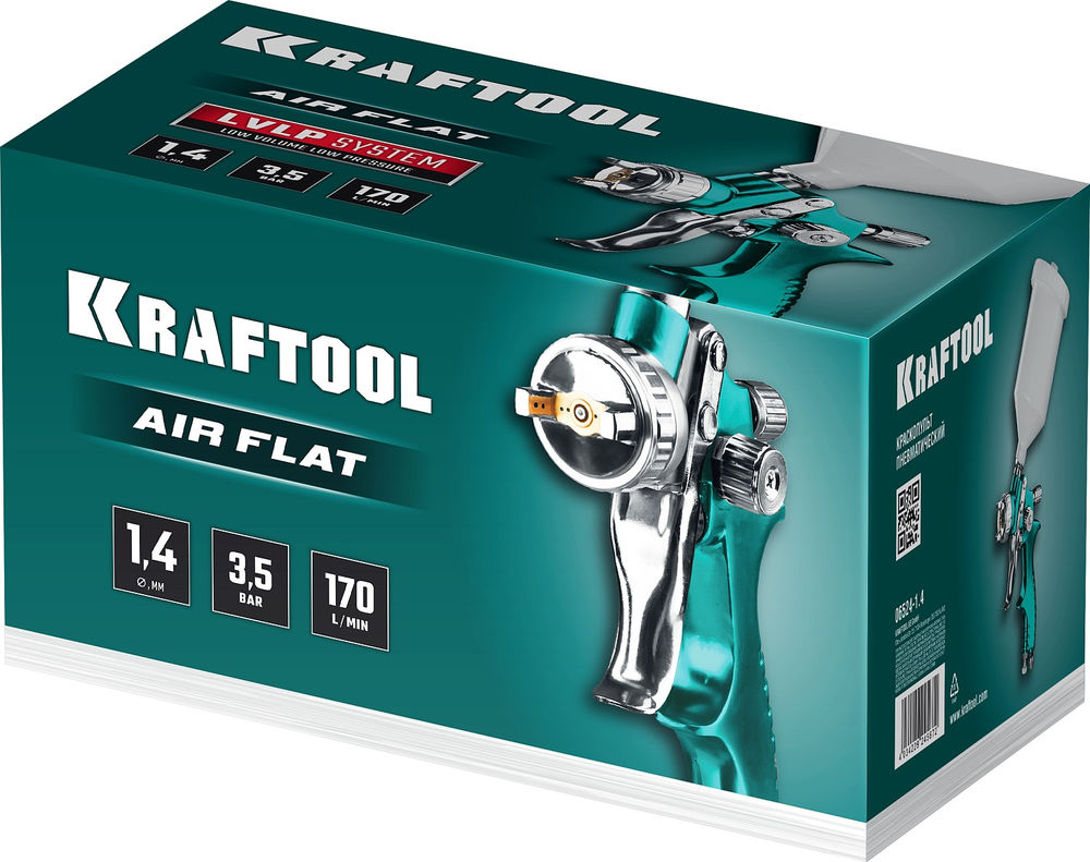Пневматический краскопульт с верхним бачком AirFlat, LVLP, 1.4 мм KRAFTOOL 06524-1.4
