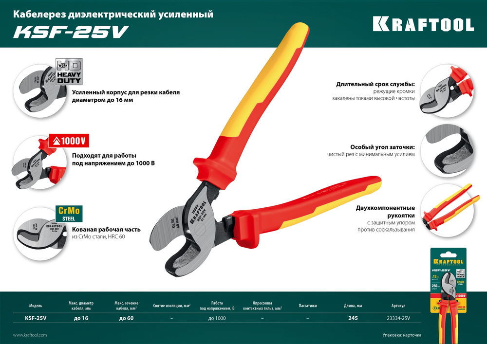 Усиленный диэлектрический кабелерез KSF-25V, d 13 мм, 250 мм, VDE, 1000 В KRAFTOOL 23334-25V