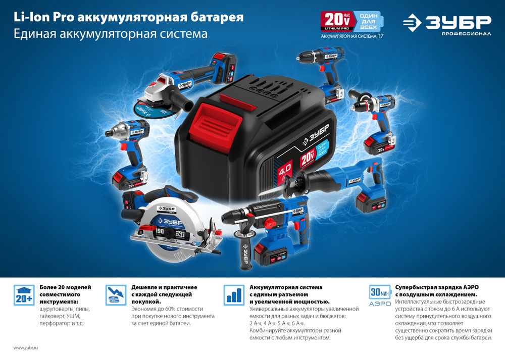 Аккумуляторная батарея 20 В 4.0 А·ч T7 ЗУБР ST7-20-4