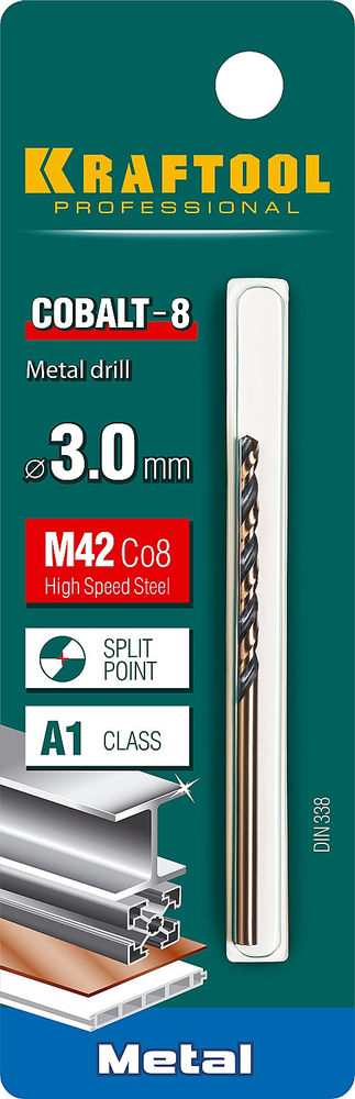 Сверло по металлу 3.0 х 61 мм сталь М42, HSS-Co(8%) COBALT-8 KRAFTOOL 29656-3