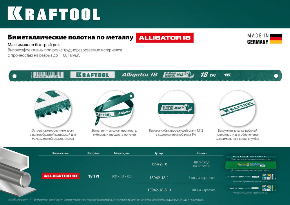 Полотно по металлу 300 мм 18 TPI биметаллическое гибкое Alligator-18 KRAFTOOL 15942-18-S10