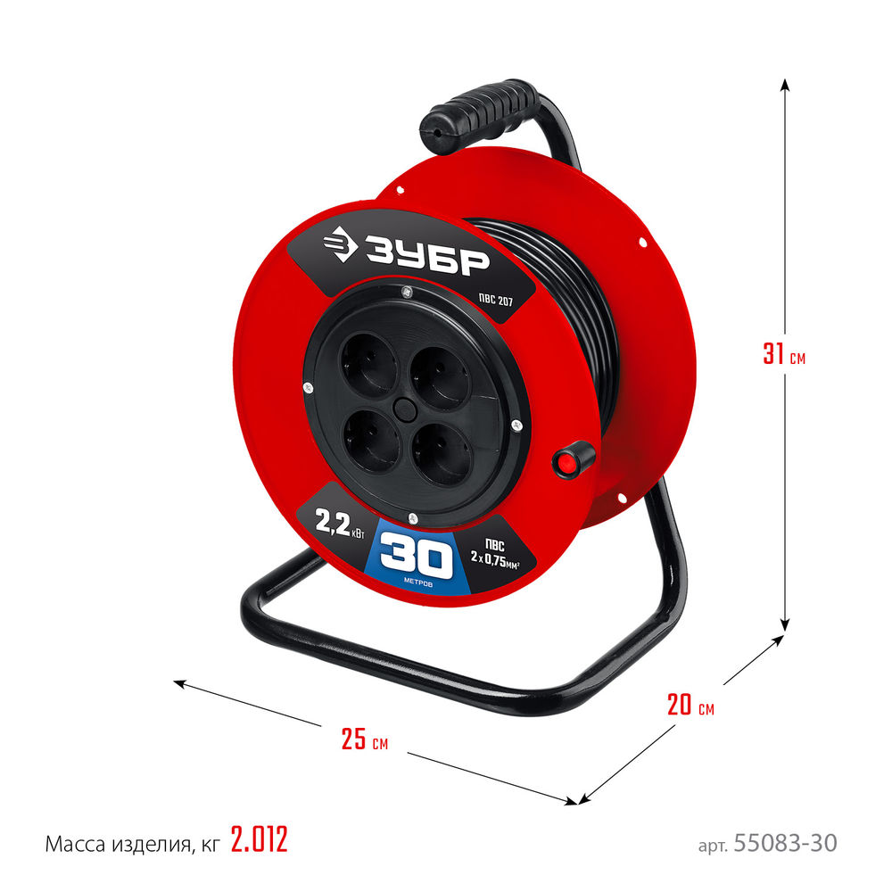 Удлинитель на катушке ПВС 2 x 0.75 мм2 30 м 2200 Вт ЗУБР ПВС-207 55083-30_z01