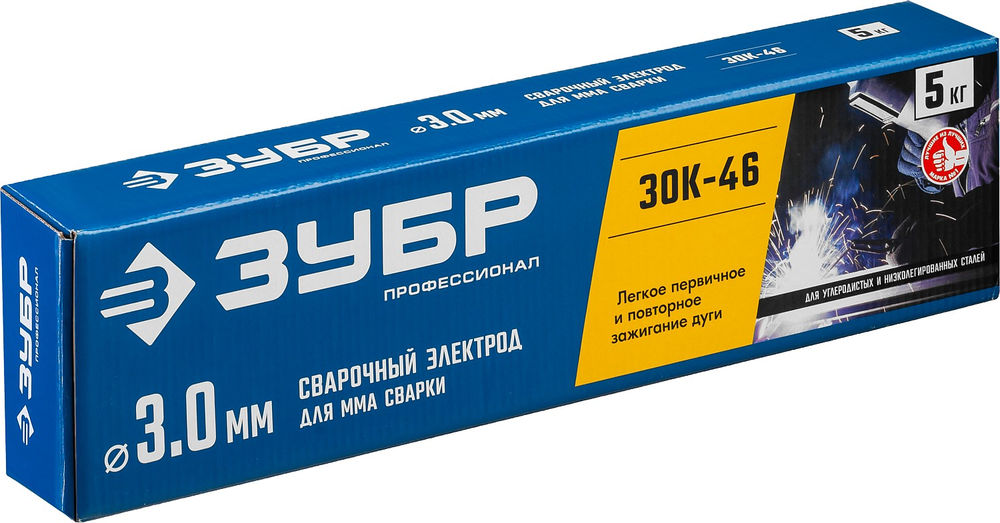 Электрод сварочный ЗОК-46 рутил-целлюлозный D 3.0 x 350 мм, 5 кг в коробке ЗУБР Профессионал 40035-3.0