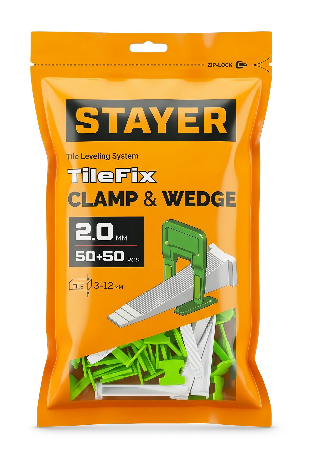 STAYER СВП TileFix, комплект: 2,0 мм, зажим + клин, 50 + 50 шт, система выравнивания плитки ?ворота? (33843-H50)