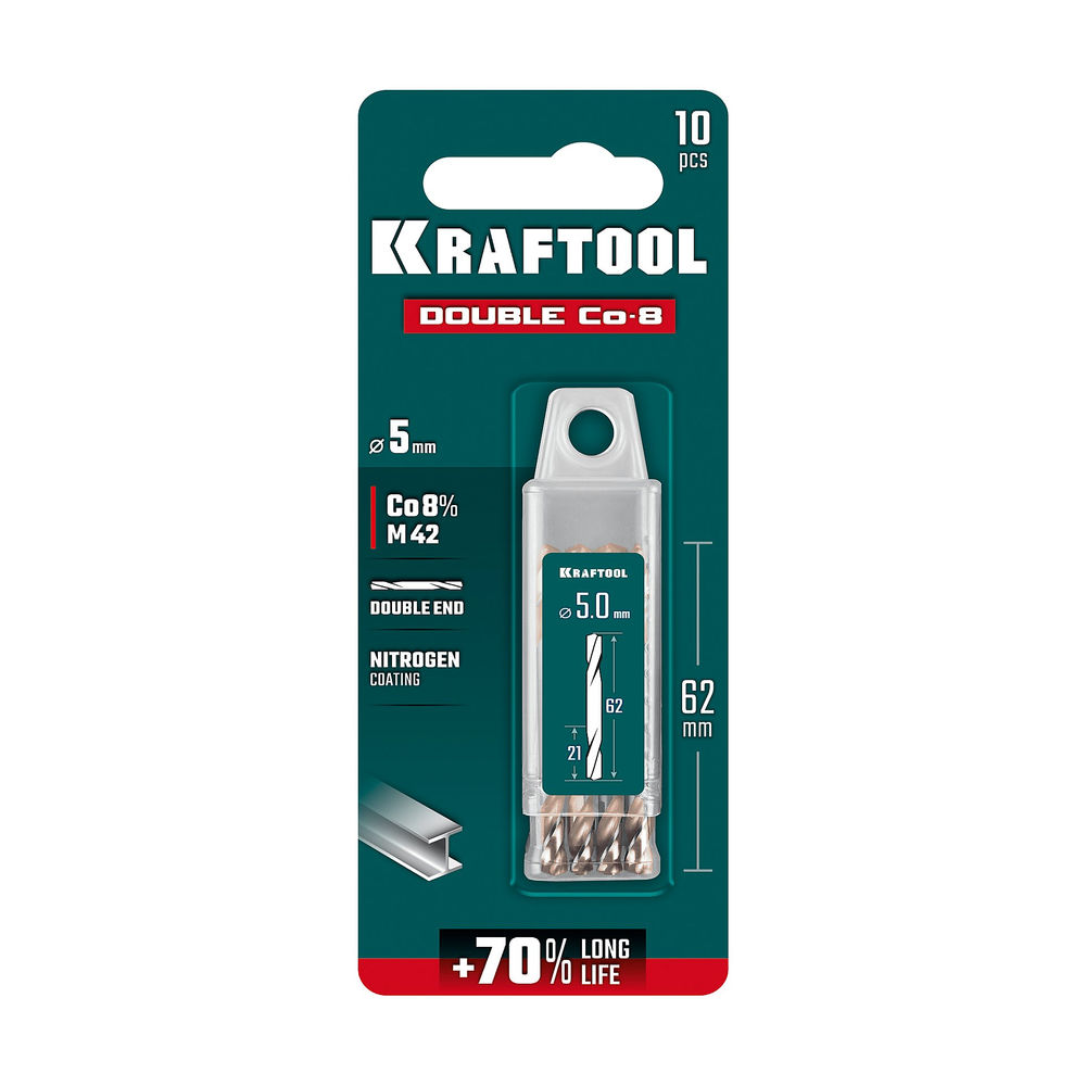 Сверло двухстороннее 5?62 мм по металлу DOUBLE Сo-8 сталь M42+8%Co класс А KRAFTOOL 29654-5.0-10