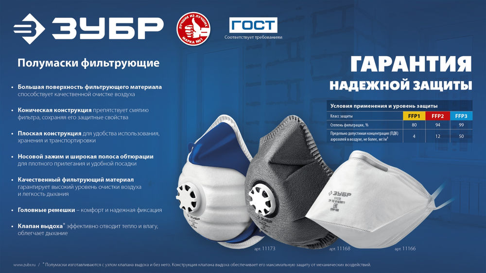 Полумаска фильтрующая плоская класс защиты FFP2 ЗУБР П-95 11172-2