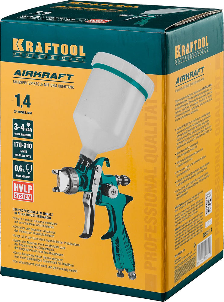 Пневматический краскопульт с верхним бачком AirKraft, HVLP, 1.4 мм KRAFTOOL 06522-1.4