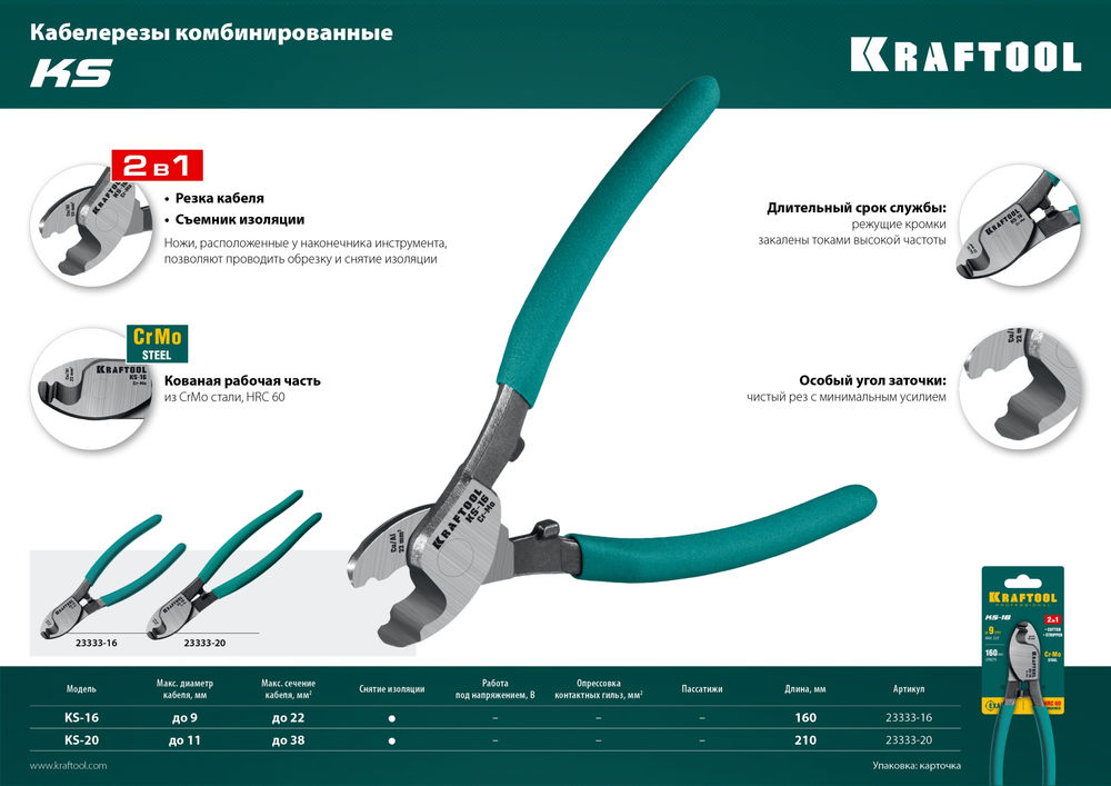 Кабелерез KS-20, d 11 мм, 200 мм KRAFTOOL 23333-20
