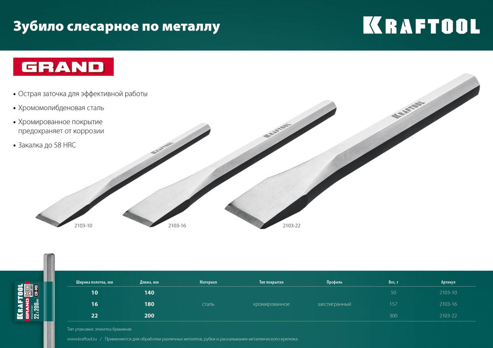 Слесарное зубило по металлу Grand, 22 х 200 мм KRAFTOOL 2103-22