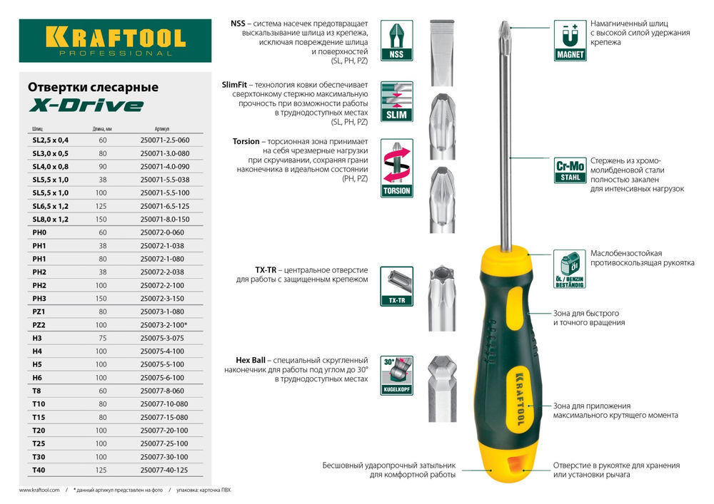 Отвертка Х-Drive, Hex3 x 75 KRAFTOOL 250075-3-075