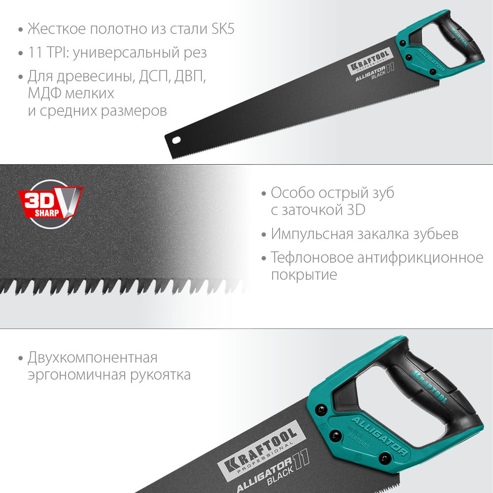Ножовка для точного реза Alligator Black 11, 550 мм KRAFTOOL 15205-55