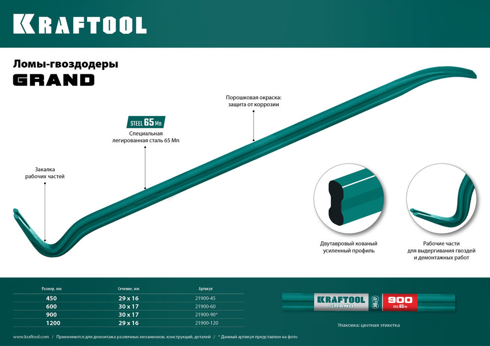 Лом-гвоздодер двутавровый 1200 мм, 30 х 17 мм GRAND KRAFTOOL 21900-120
