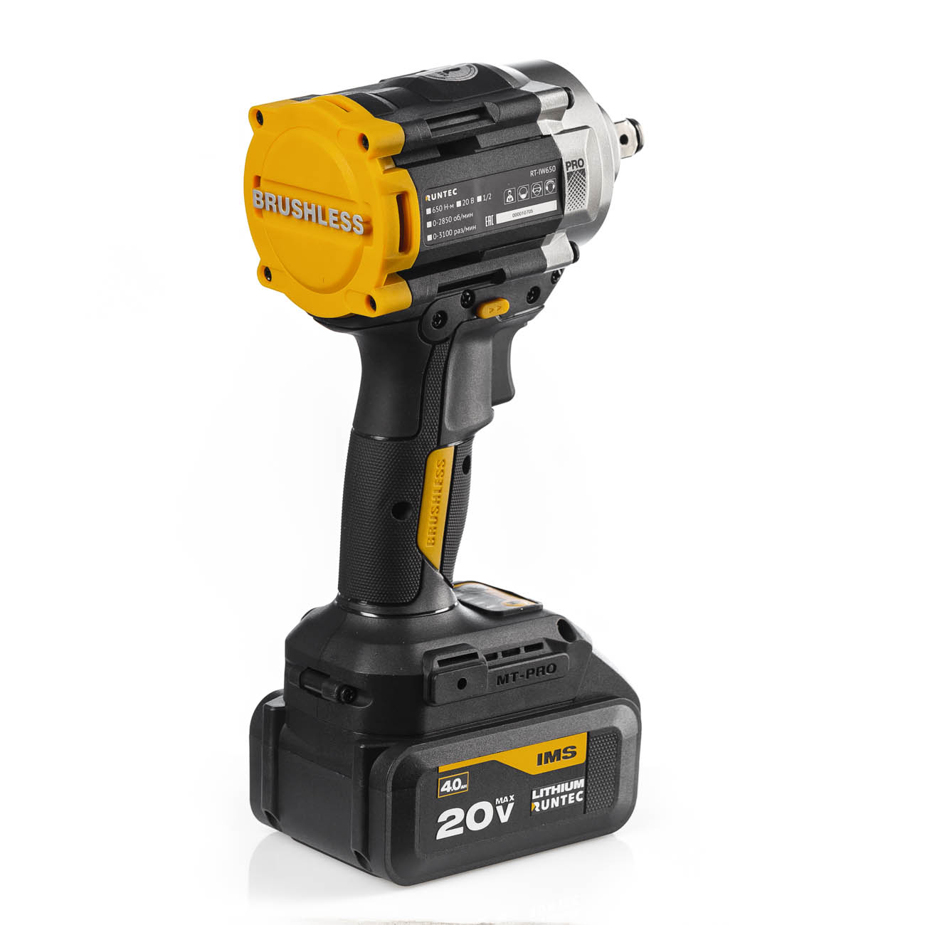 Гайковерт ударный аккумуляторный PRO 1/2, 20В, 2*4Ач, 650Нм RUNTEC RT-IW650