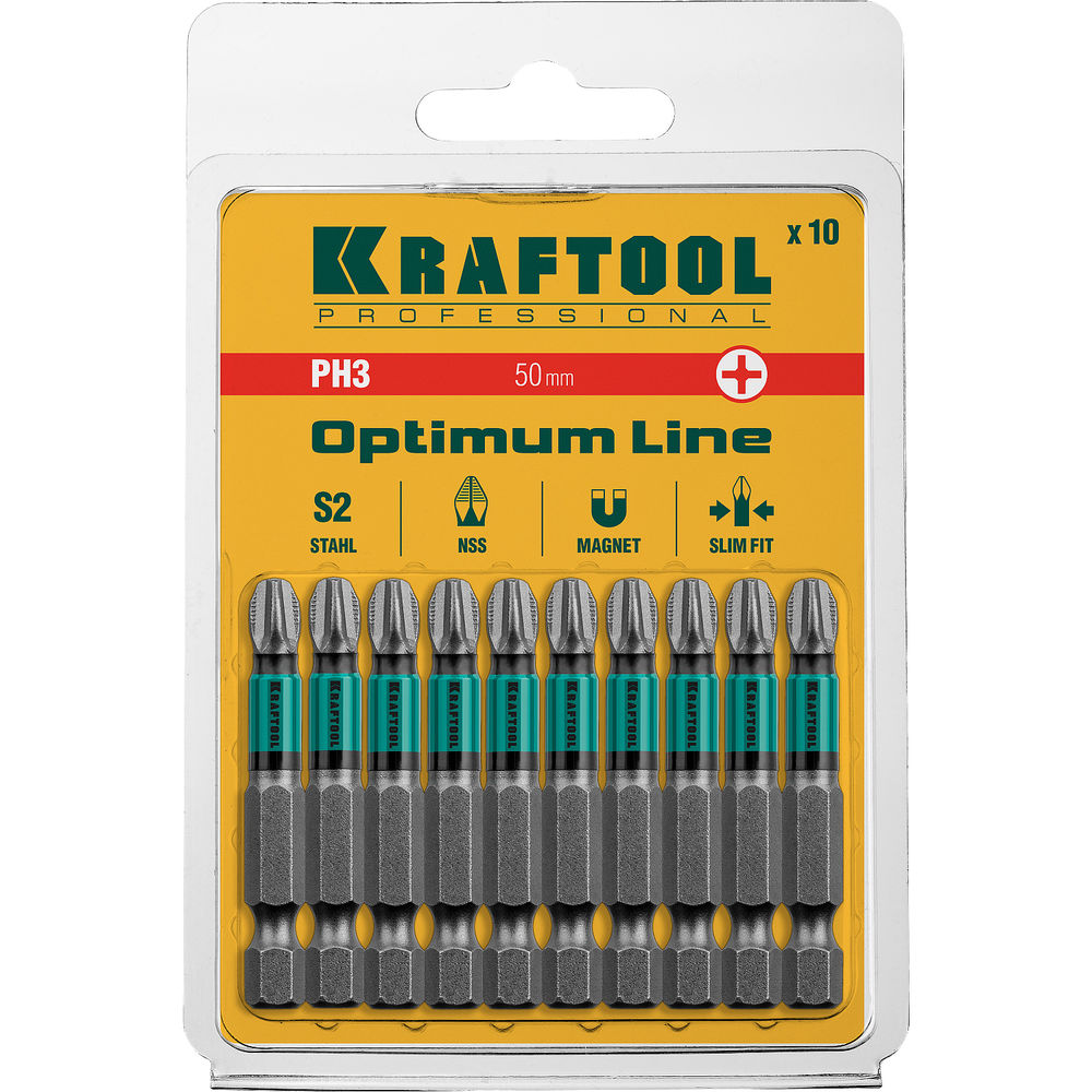 Биты Optimum PH3, 50 мм, 10 шт KRAFTOOL 26122-3-50-10