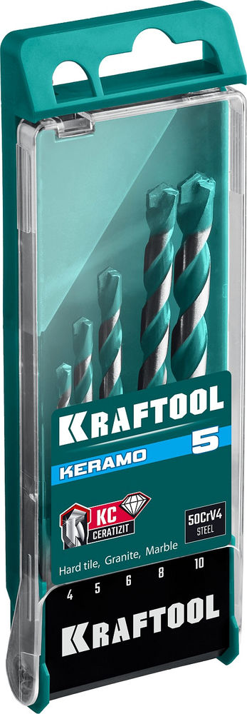 Набор сверл по керамограниту Keramo, 5 шт: 4-5-6-8-10 мм, с твердосплавной пластиной KRAFTOOL 29175-H5