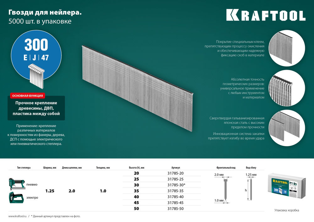 Гвозди тип 300 (47/J/F), 25 мм, калибр 18GA, 5000 шт KRAFTOOL 31785-25