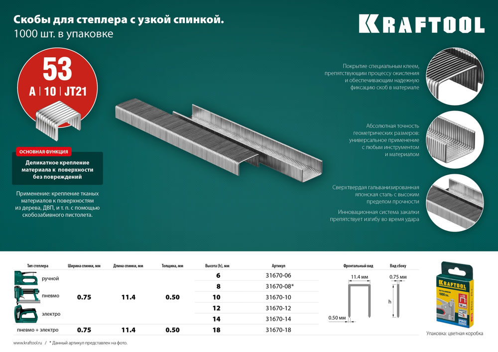 Скобы тип 53 (A/10/JT21), 6 мм, калибр 23GA, 1000 шт KRAFTOOL 31670-06